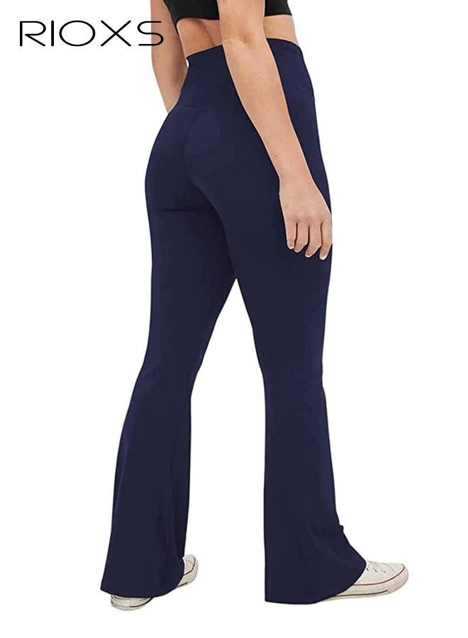 RIOXS Women's Flare Leggings, Ladies V Crossover Yoga Pants, Tummy Control High-Waisted Wide Leg Trousers, Gym Bootcut Yoga Pants, Bell Bottoms For Women, Deep Blue - Image 3
